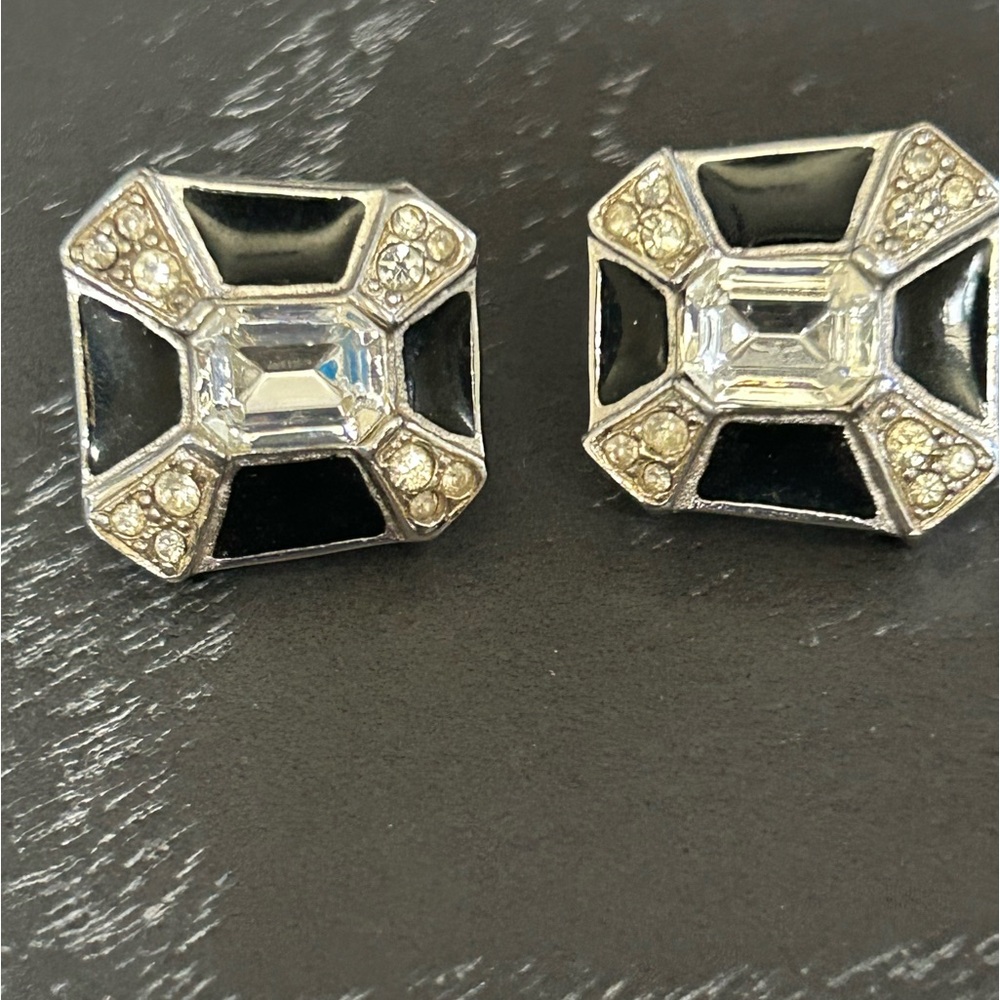 VINTAGE Piscitelli clip enamel and emerald cut crystal earrings